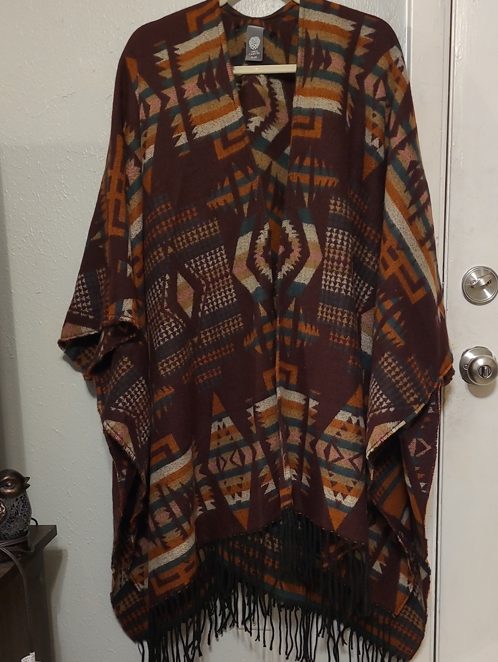 Vince Camuto Western Jacquard Fringe Poncho in Rich Brown